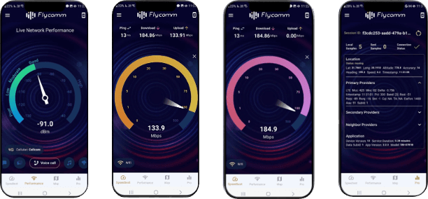 Flycomm Networks Android app — Live Network Performance, Speed Test, and Pro views
