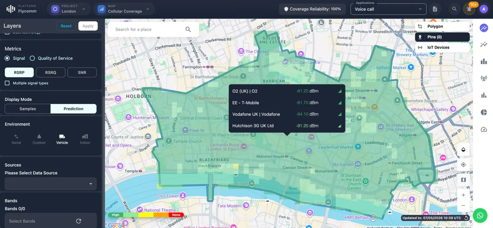 Flycomm workspace comparing the operators serving one city location